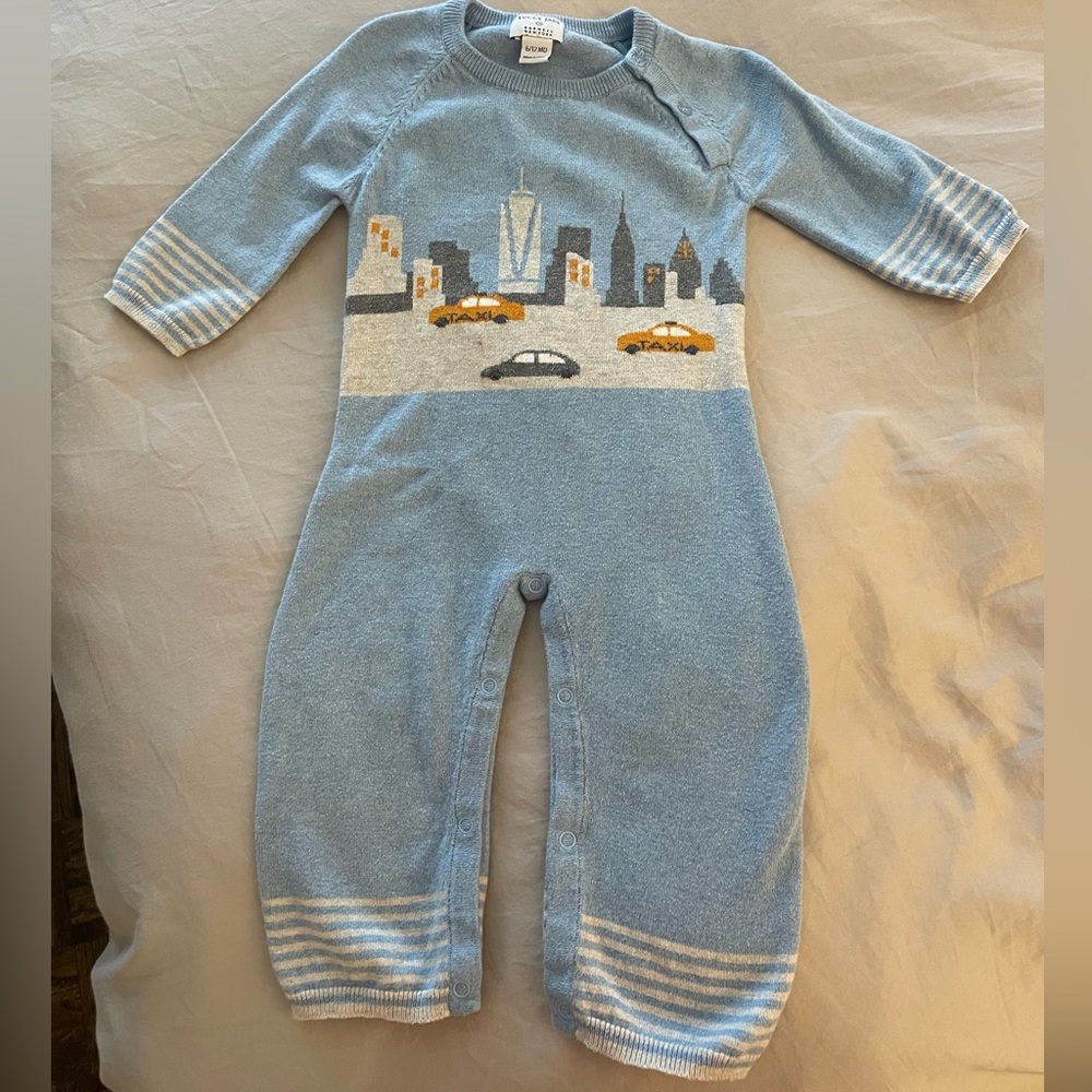 Never worn. Lucky Jade x Barneys NYC knit blue NYC skyline onesie. Size 6/12M.